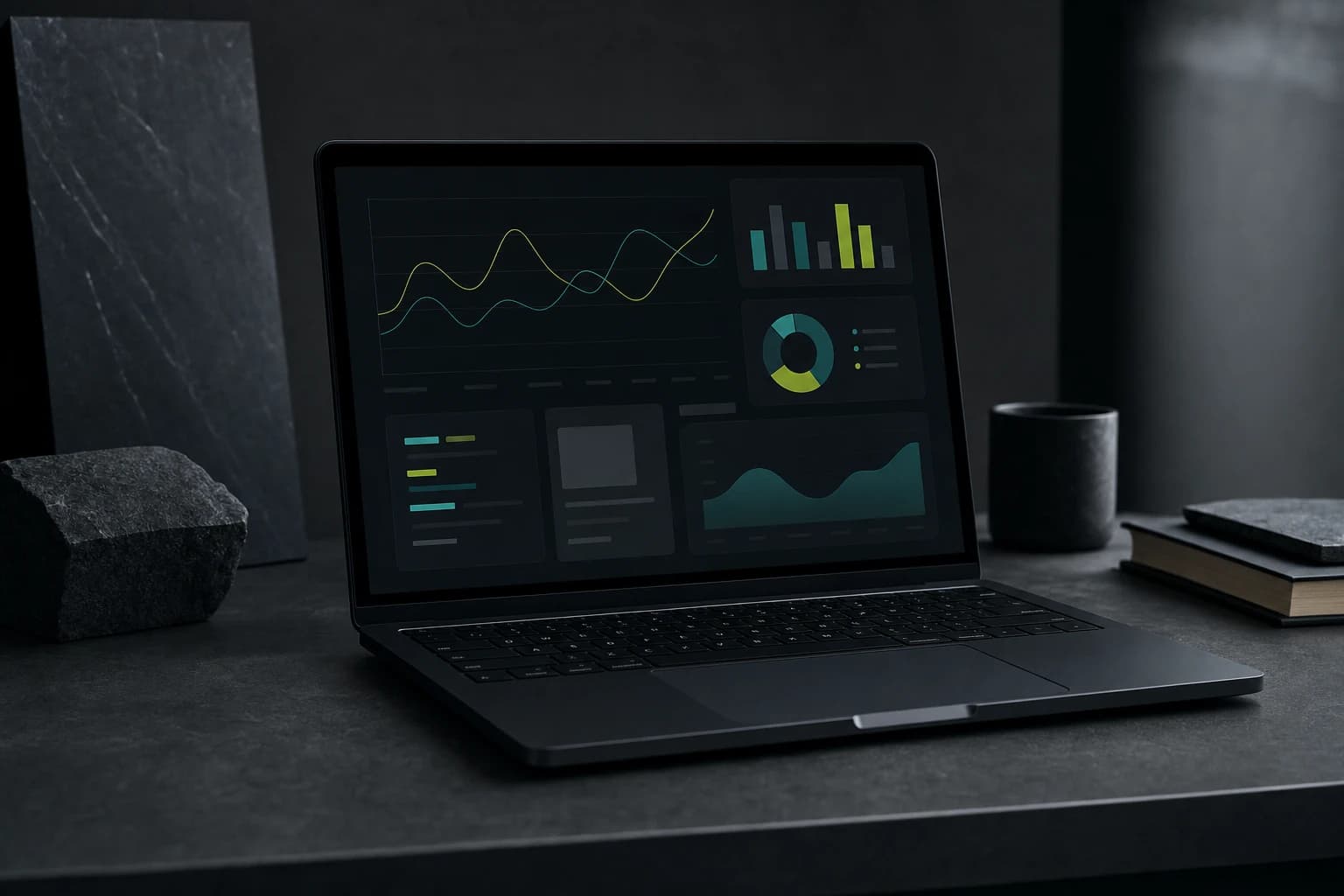 A matte black laptop showing a dark analytics workspace on a slate desk